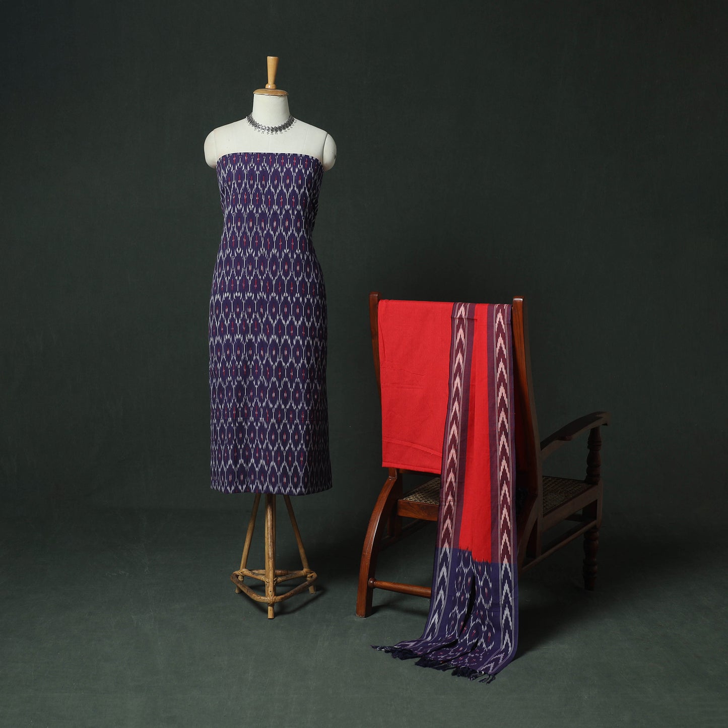 Pochampally Ikat Woven Cotton 3pc Unstitched Dress Material Suit Set 09