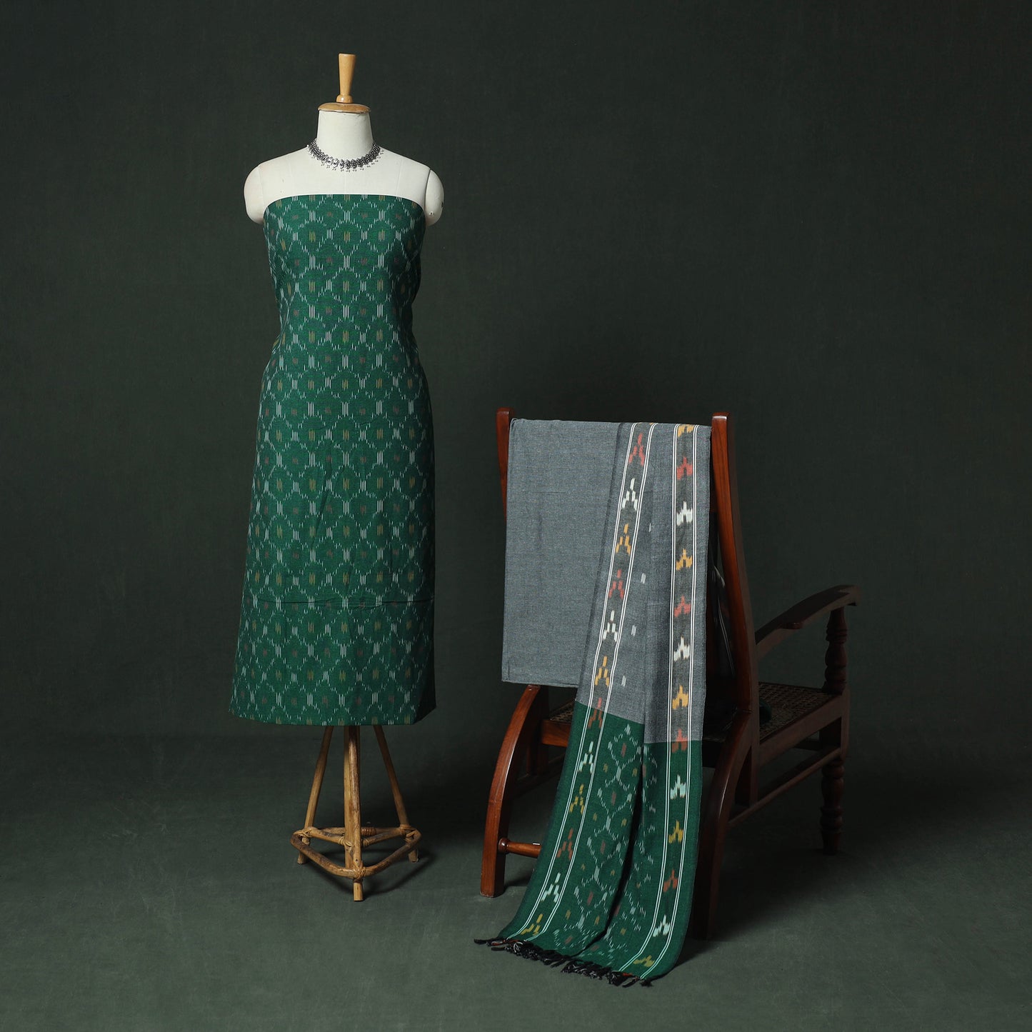 Pochampally Ikat Woven Cotton 3pc Unstitched Dress Material Suit Set 13