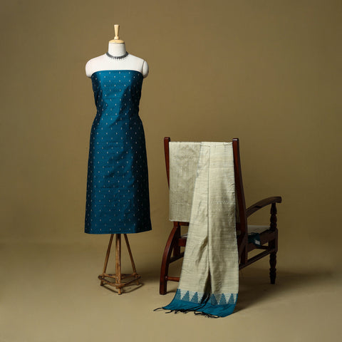 Blue - Spun Dupion Silk Thread Buti 3pc Unstitched Dress Material 43
