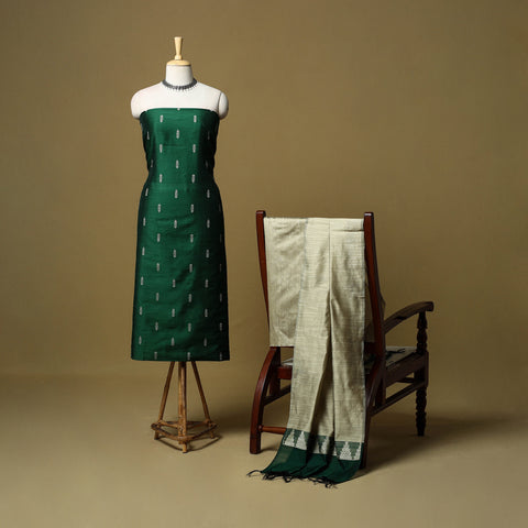 Green - Spun Dupion Silk Thread Buti 3pc Unstitched Dress Material 44