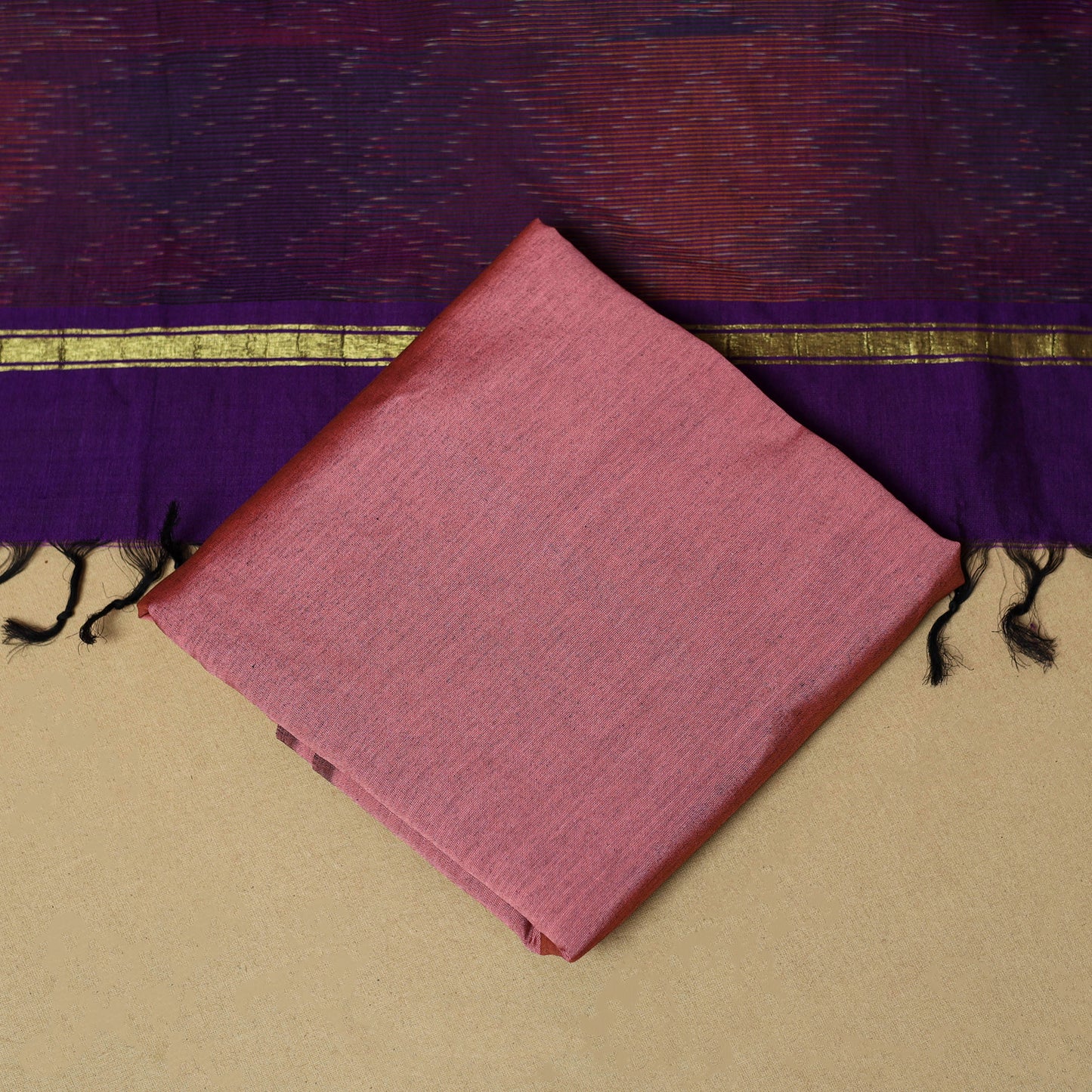 Purple - 3pc Pochampally Ikat Handloom Silk Cotton Unstitched Dress Material 45