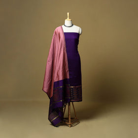 Purple - 3pc Pochampally Ikat Handloom Silk Cotton Unstitched Dress Material 45