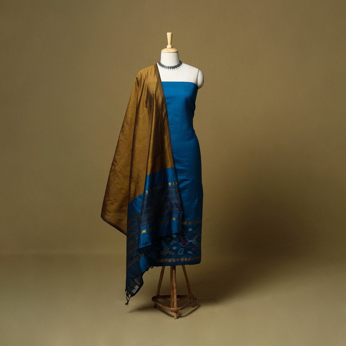 Blue - 3pc Pochampally Ikat Handloom Silk Cotton Unstitched Dress Material 46
