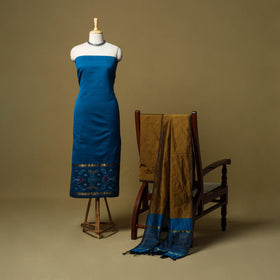 Blue - 3pc Pochampally Ikat Handloom Silk Cotton Unstitched Dress Material 46