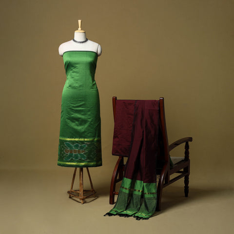 Green - 3pc Pochampally Ikat Handloom Silk Cotton Unstitched Dress Material 47