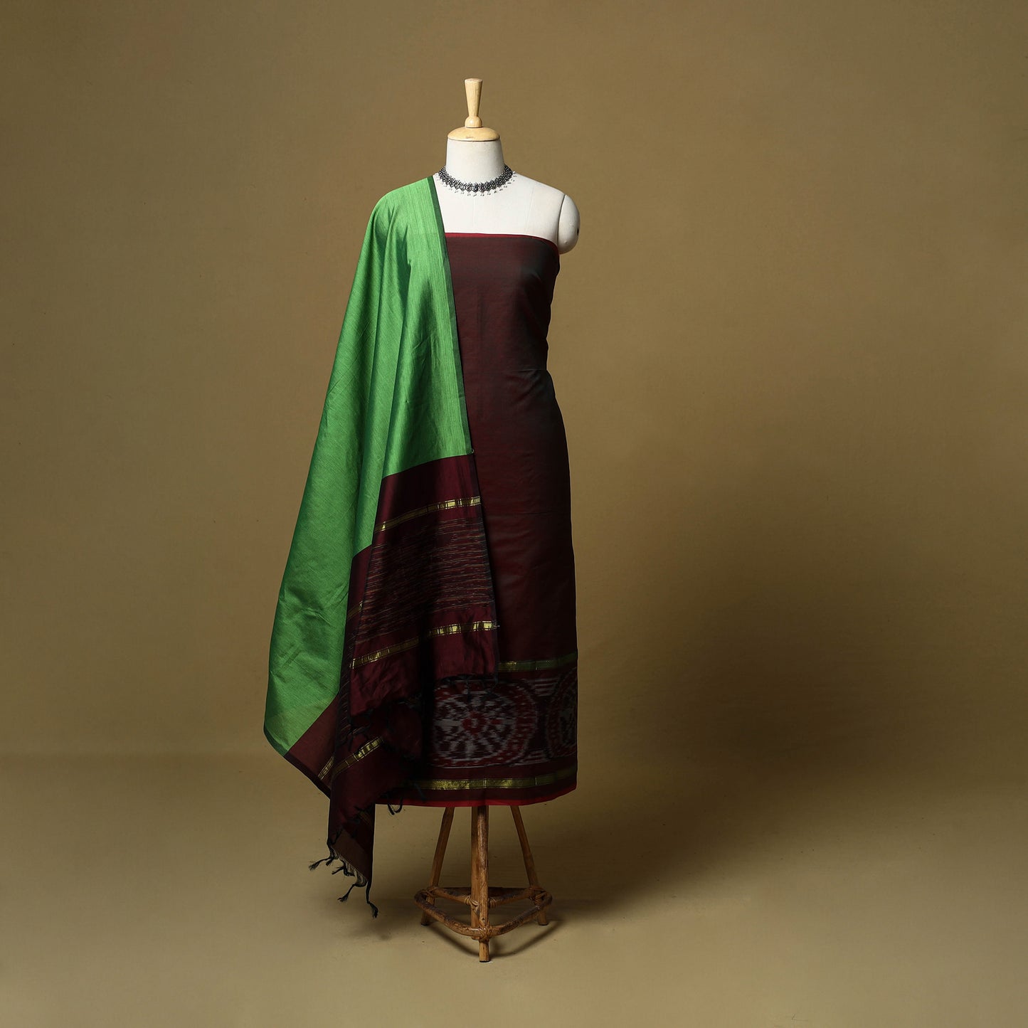 Maroon - 3pc Pochampally Ikat Handloom Silk Cotton Unstitched Dress Material 48