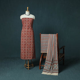 Hand Block Print Natural Dyed Cotton Ajrakh 3pc Unstitched Dress Material Suit Set 06