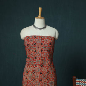 Hand Block Print Natural Dyed Cotton Ajrakh 3pc Unstitched Dress Material Suit Set 06
