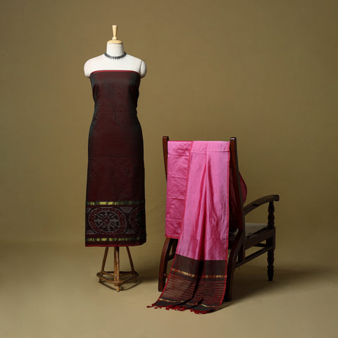 Maroon - 3pc Pochampally Ikat Handloom Silk Cotton Unstitched Dress Material 49