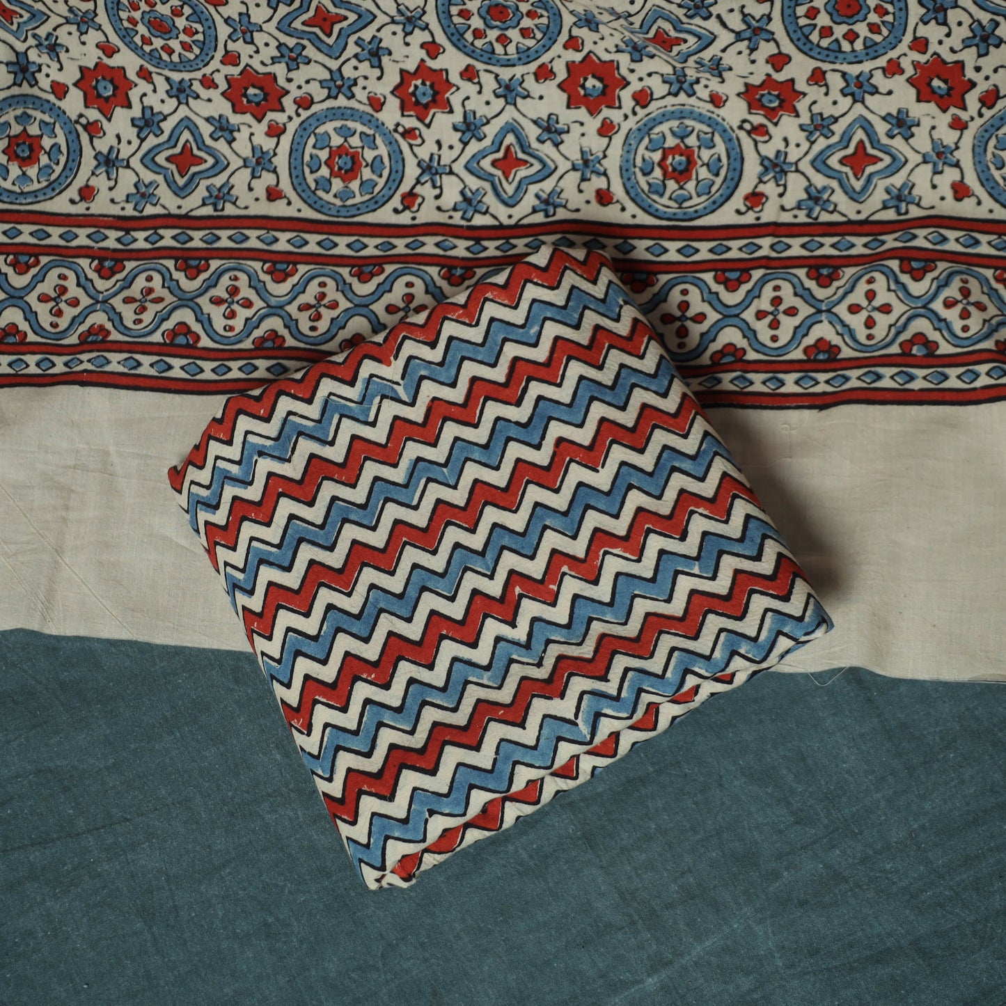 Hand Block Print Natural Dyed Cotton Ajrakh 3pc Unstitched Dress Material Suit Set 06
