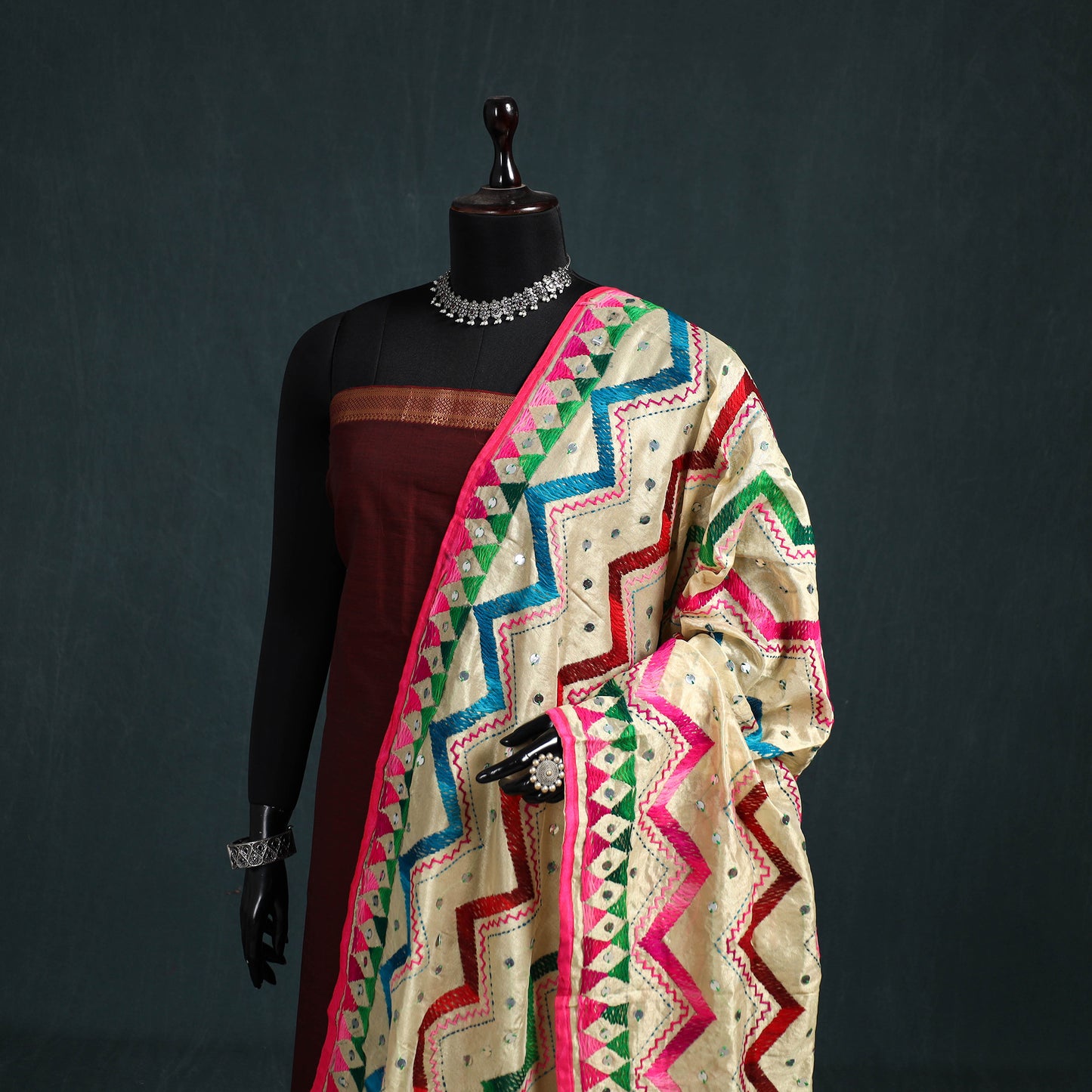 Ranihati Chanderi Silk Zig Zag Hand Embroidery Dupatta 69