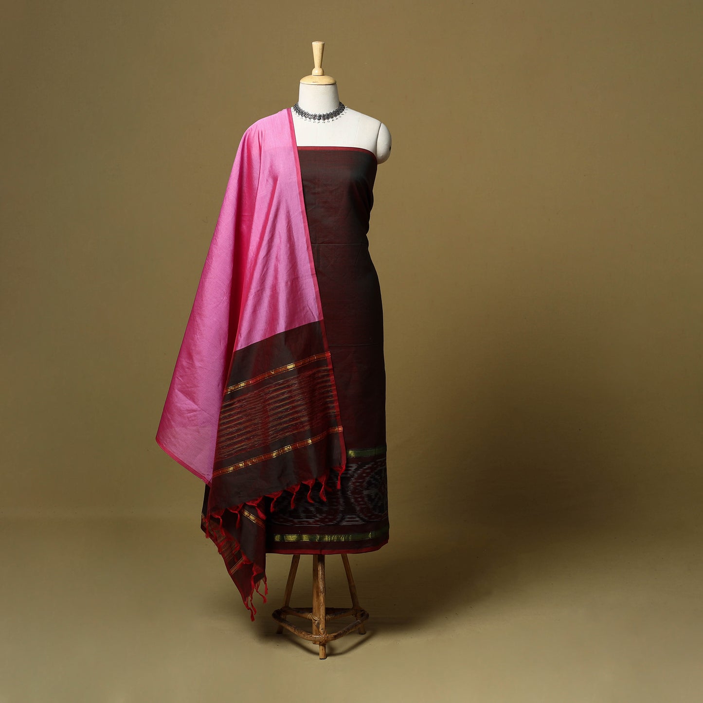 Maroon - 3pc Pochampally Ikat Handloom Silk Cotton Unstitched Dress Material 49