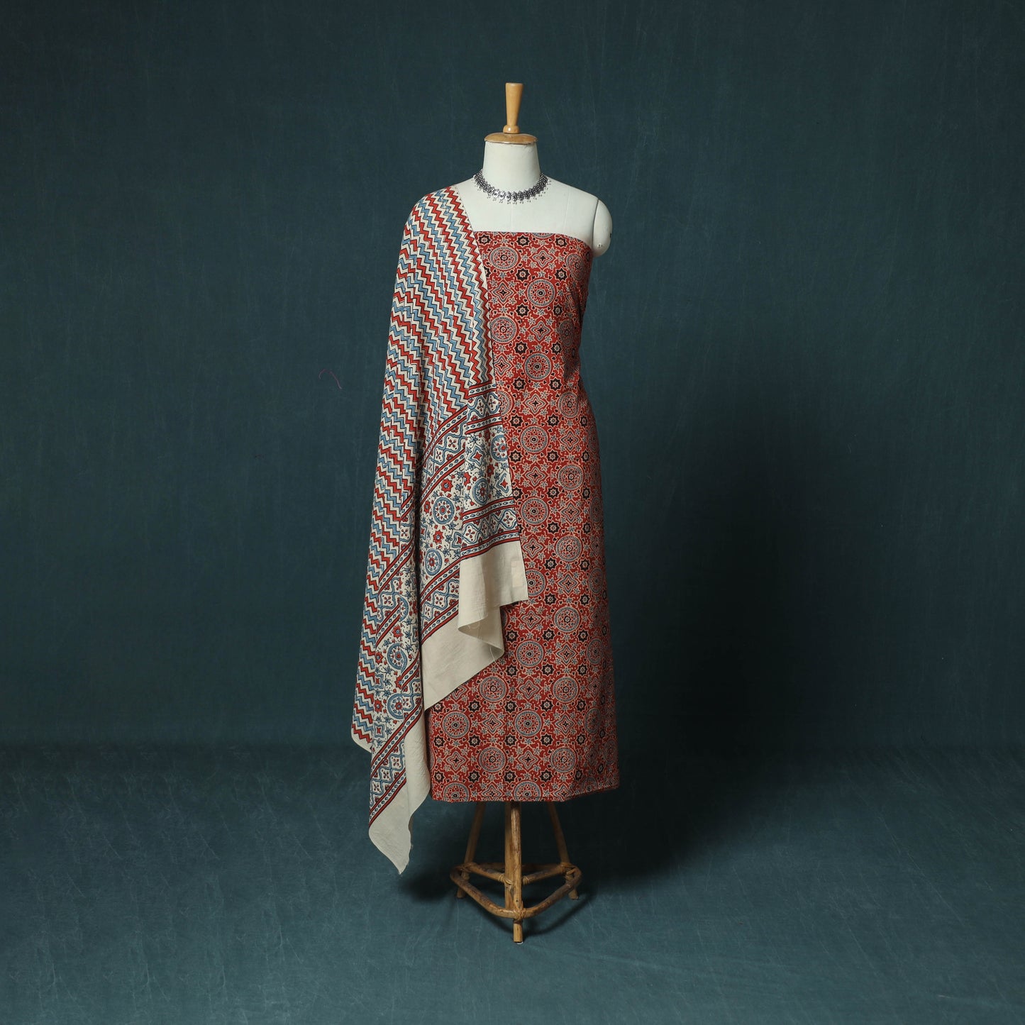Hand Block Print Natural Dyed Cotton Ajrakh 3pc Unstitched Dress Material Suit Set 06