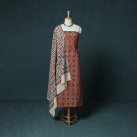Hand Block Print Natural Dyed Cotton Ajrakh 3pc Unstitched Dress Material Suit Set 06