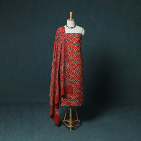 Red - Hand Block Print Natural Dyed Cotton Ajrakh 3pc Unstitched Dress Material Suit Set 01