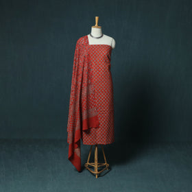 Hand Block Print Natural Dyed Cotton Ajrakh 3pc Unstitched Dress Material Suit Set 01