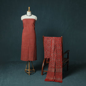 Hand Block Print Natural Dyed Cotton Ajrakh 3pc Unstitched Dress Material Suit Set 01