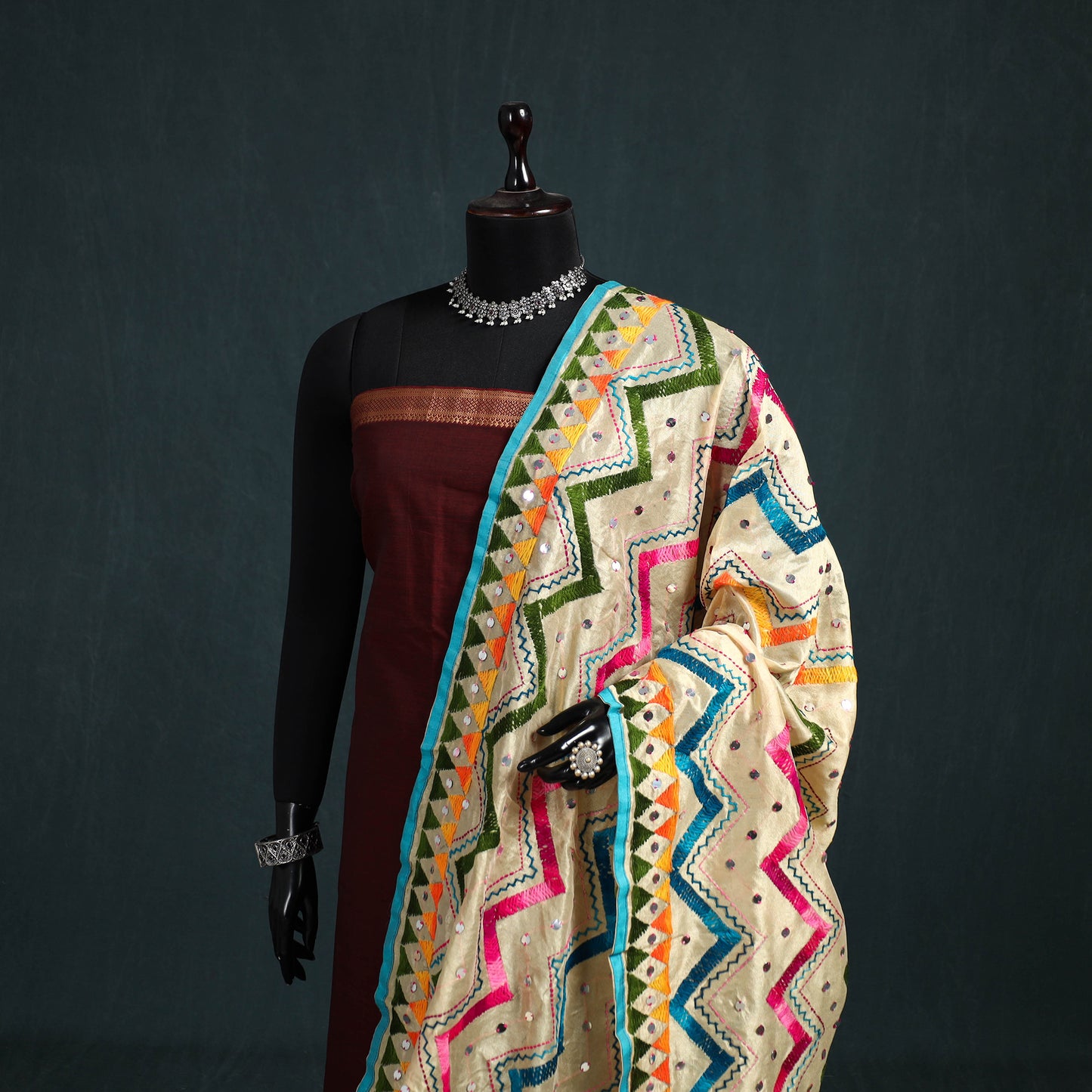 Ranihati Chanderi Silk Zig Zag Hand Embroidery Dupatta 70