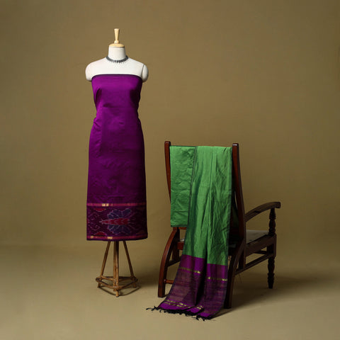 Purple - 3pc Pochampally Ikat Handloom Silk Cotton Unstitched Dress Material 50