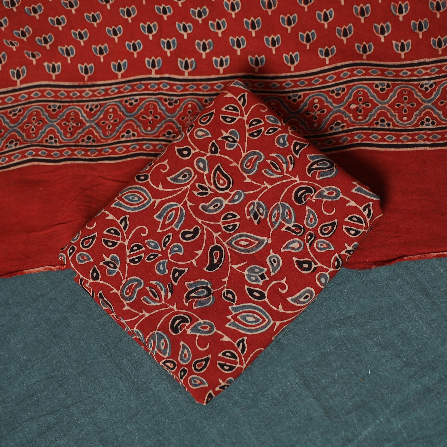 Hand Block Print Natural Dyed Cotton Ajrakh 3pc Unstitched Dress Material Suit Set 01