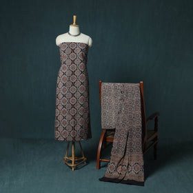 Hand Block Print Natural Dyed Cotton Ajrakh 3pc Unstitched Dress Material Suit Set 02