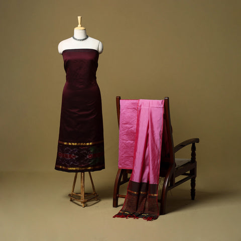 Maroon - 3pc Pochampally Ikat Handloom Silk Cotton Unstitched Dress Material 51