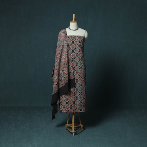 Black - Hand Block Print Natural Dyed Cotton Ajrakh 3pc Unstitched Dress Material Suit Set 02