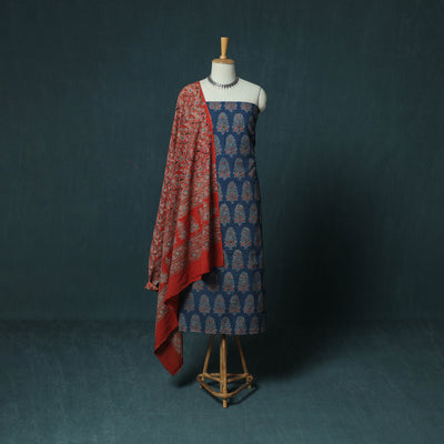 Hand Block Print Natural Dyed Cotton Ajrakh 3pc Unstitched Dress Material Suit Set 03