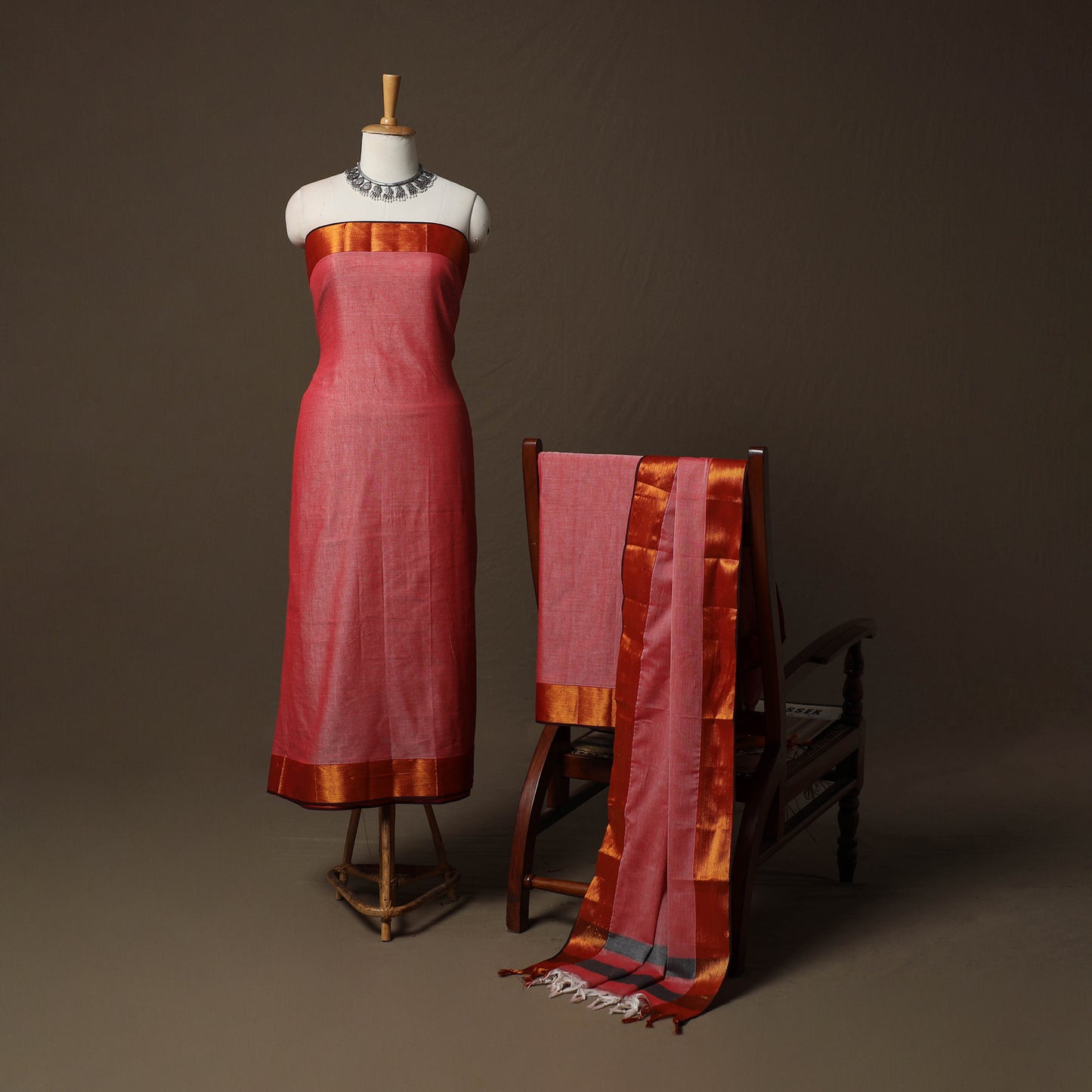 Dharwad Cotton 3pc Unstitched Dress Material Suit Set with Woven Border 47