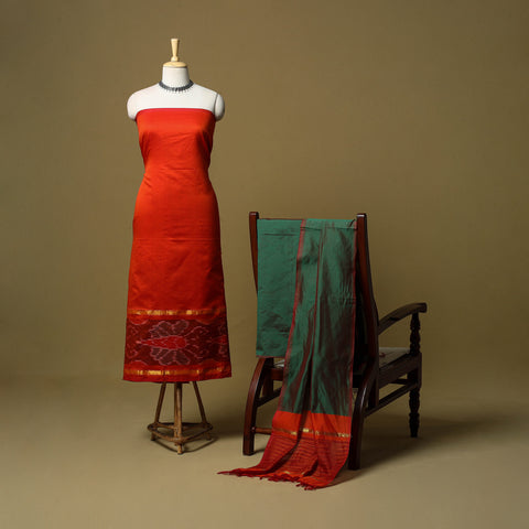 Red - 3pc Pochampally Ikat Handloom Silk Cotton Unstitched Dress Material 53