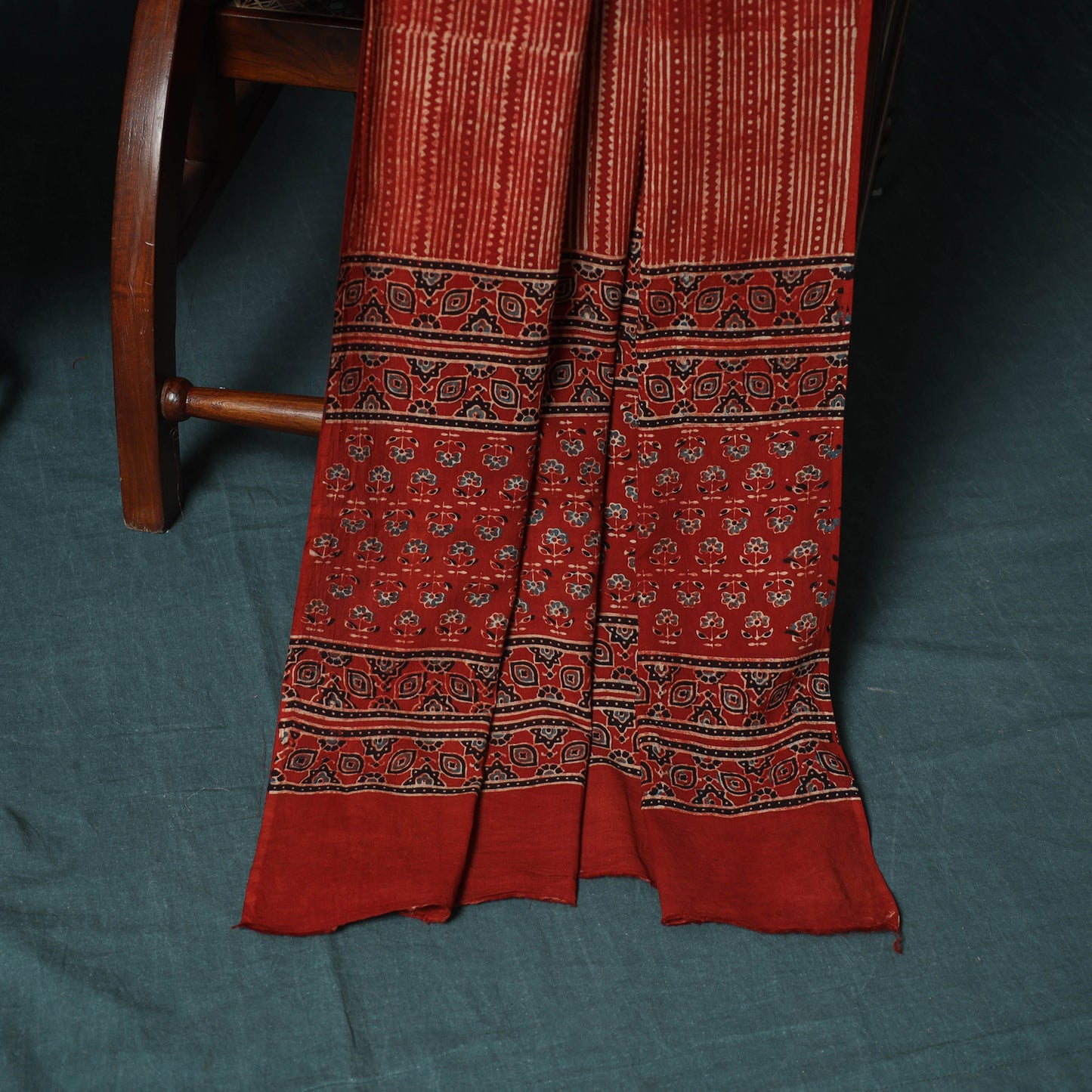 Hand Block Print Natural Dyed Cotton Ajrakh 3pc Unstitched Dress Material Suit Set 04