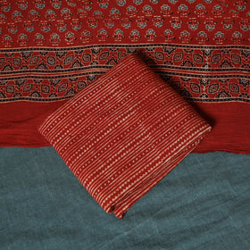 Hand Block Print Natural Dyed Cotton Ajrakh 3pc Unstitched Dress Material Suit Set 04