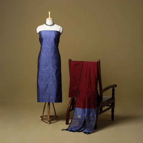 Blue - 3pc Pochampally Ikat Handloom Silk Cotton Unstitched Dress Material 54