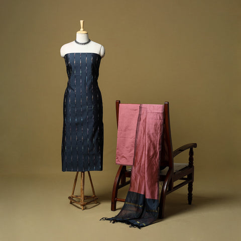 Blue - 3pc Pochampally Ikat Handloom Silk Cotton Unstitched Dress Material 55