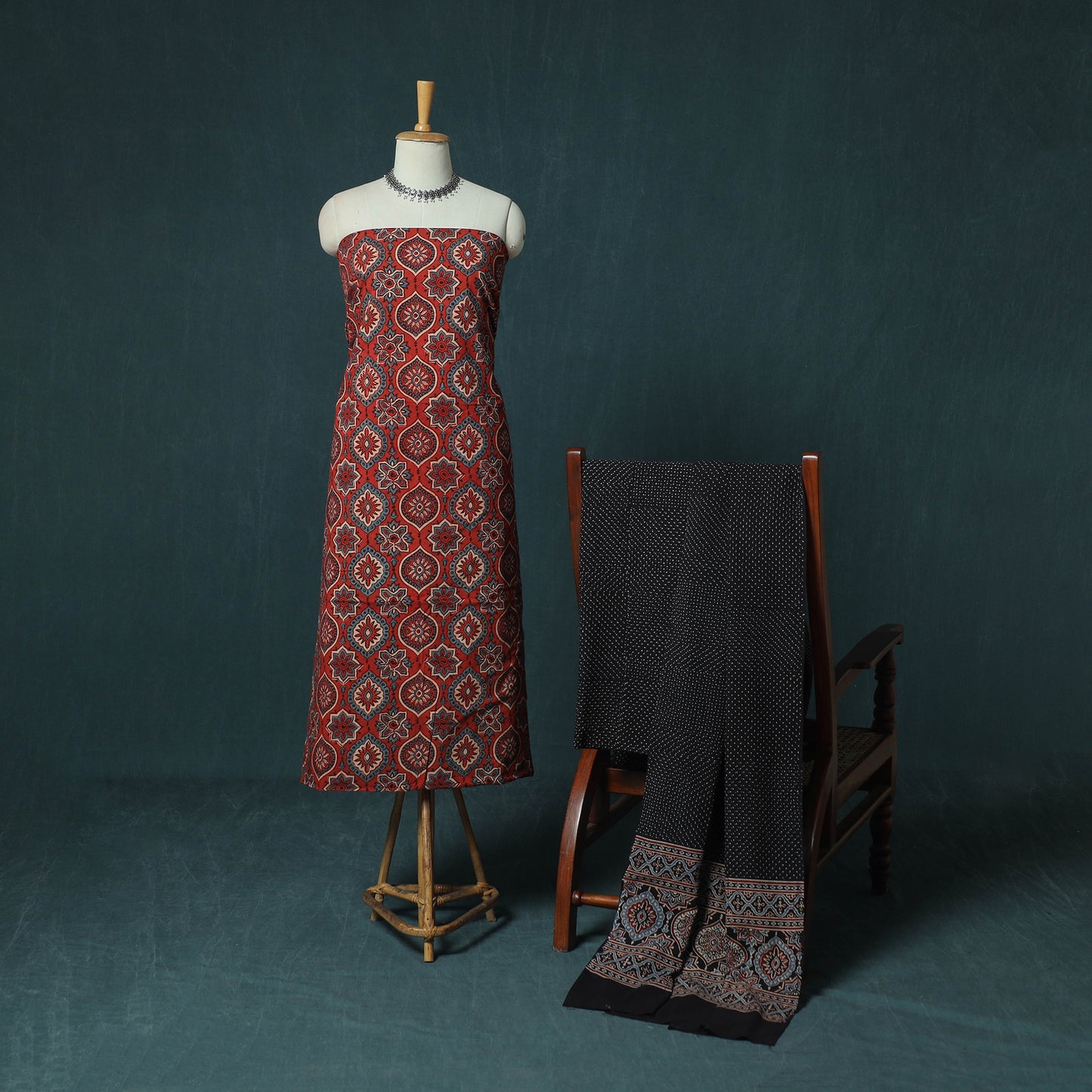 Hand Block Print Natural Dyed Cotton Ajrakh 3pc Unstitched Dress Material Suit Set 08