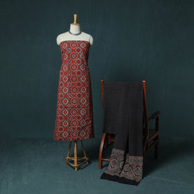 Hand Block Print Natural Dyed Cotton Ajrakh 3pc Unstitched Dress Material Suit Set 08