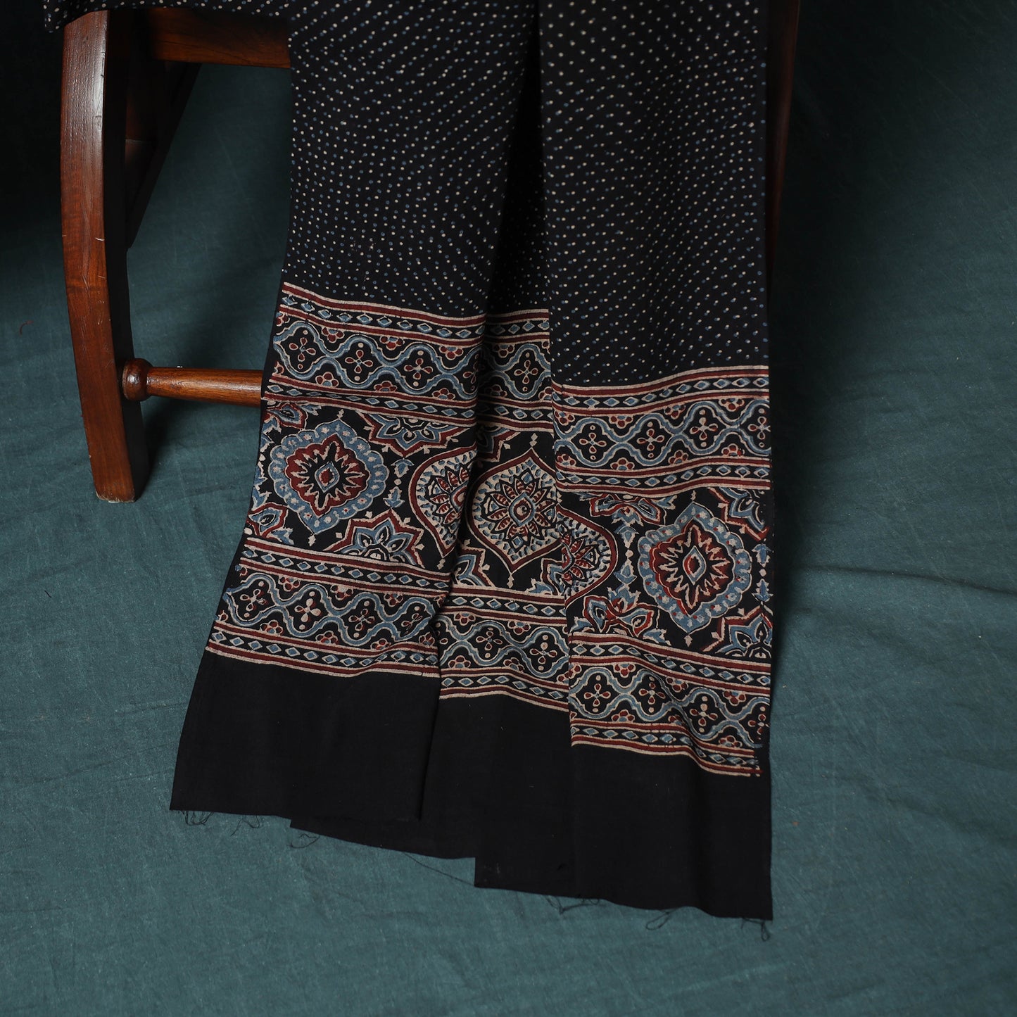 Hand Block Print Natural Dyed Cotton Ajrakh 3pc Unstitched Dress Material Suit Set 08