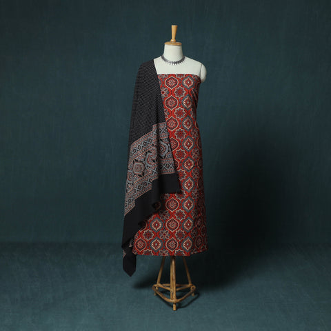 Red - Hand Block Print Natural Dyed Cotton Ajrakh 3pc Unstitched Dress Material Suit Set 08