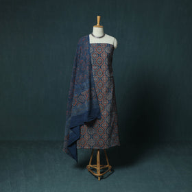 Hand Block Print Natural Dyed Cotton Ajrakh 3pc Unstitched Dress Material Suit Set 07