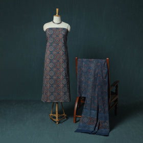 Hand Block Print Natural Dyed Cotton Ajrakh 3pc Unstitched Dress Material Suit Set 07