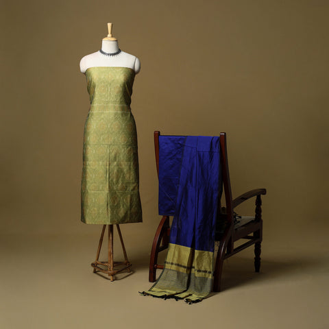 Green - 3pc Pochampally Ikat Handloom Silk Cotton Unstitched Dress Material 56