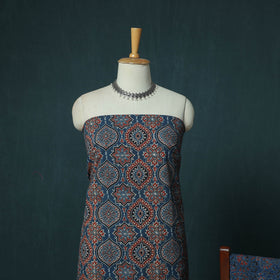 Hand Block Print Natural Dyed Cotton Ajrakh 3pc Unstitched Dress Material Suit Set 07