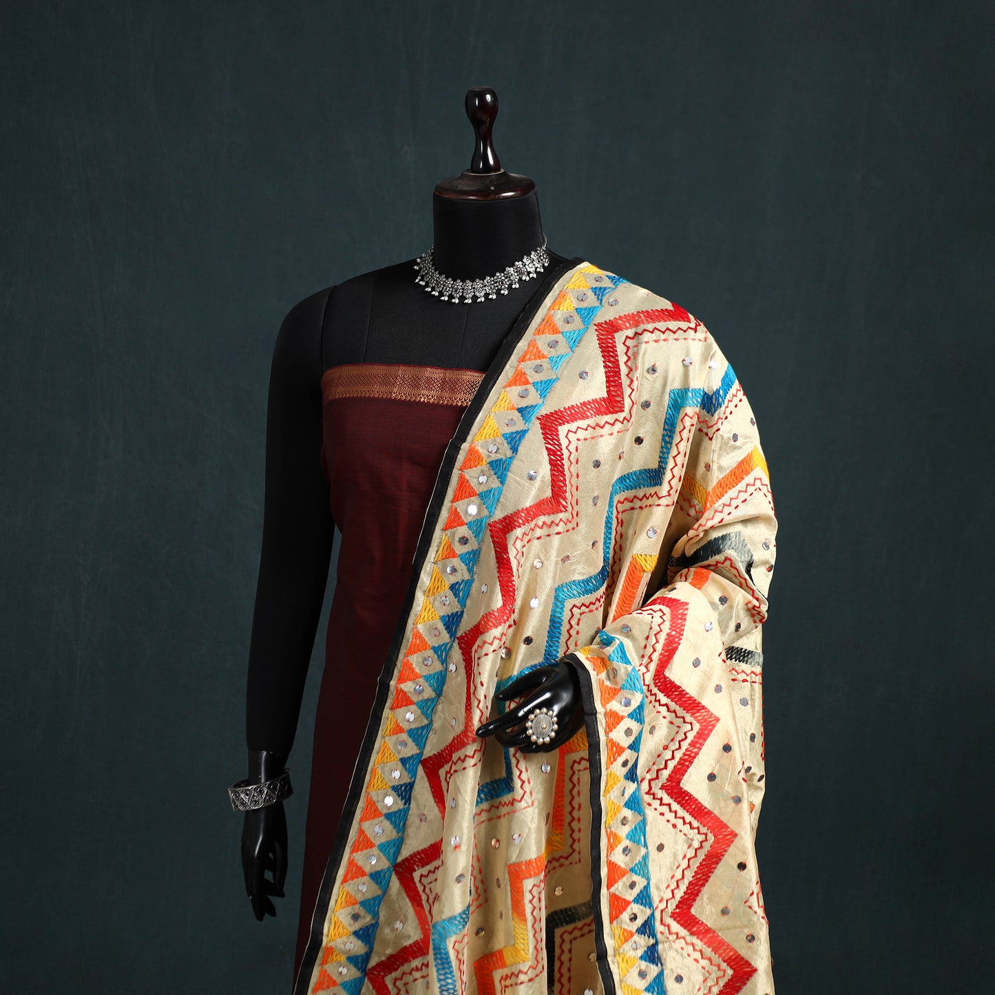 Ranihati Chanderi Silk Zig Zag Hand Embroidery Dupatta 81