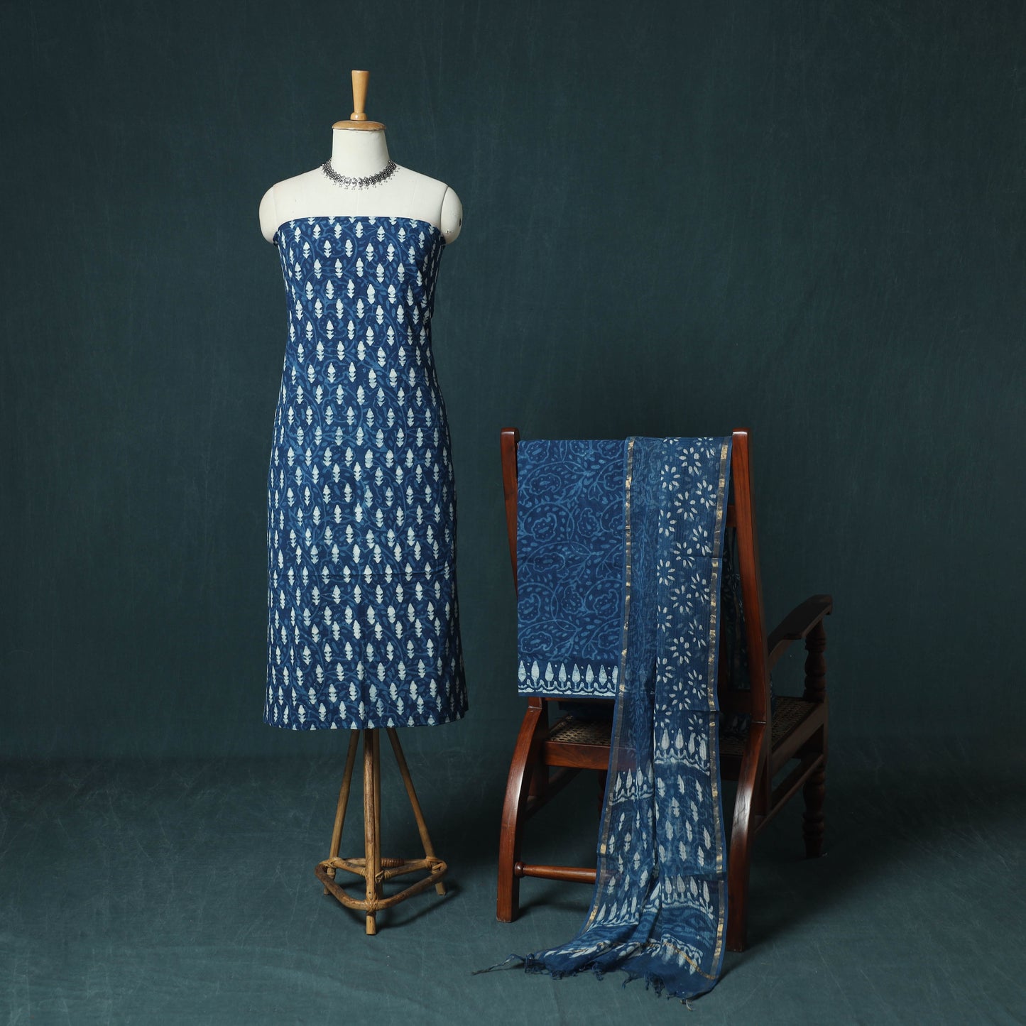 Blue - Natural Dyed Hand Block Print Cotton Indigo Bagru 3pc Unstitched Dress Material 12