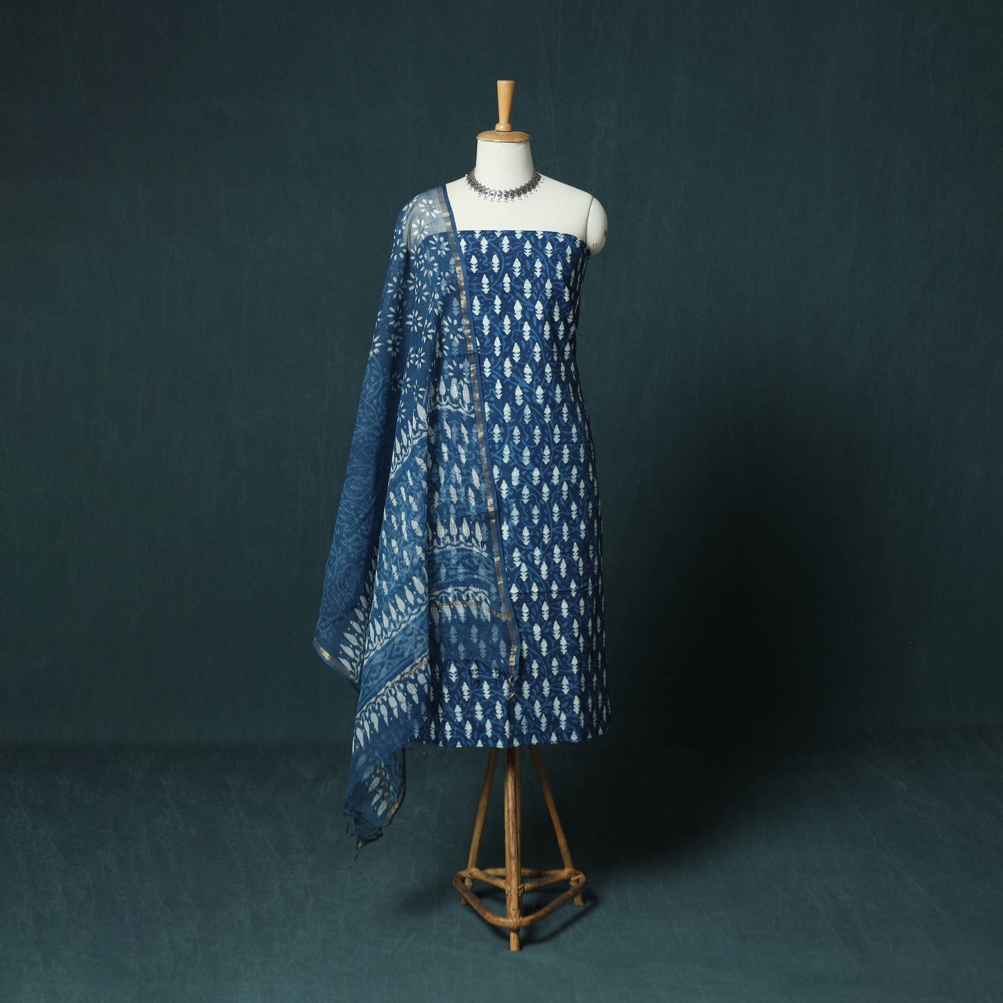 Blue - Natural Dyed Hand Block Print Cotton Indigo Bagru 3pc Unstitched Dress Material 12