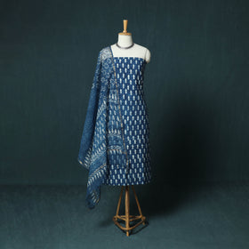Blue - Natural Dyed Hand Block Print Cotton Indigo Bagru 3pc Unstitched Dress Material 12