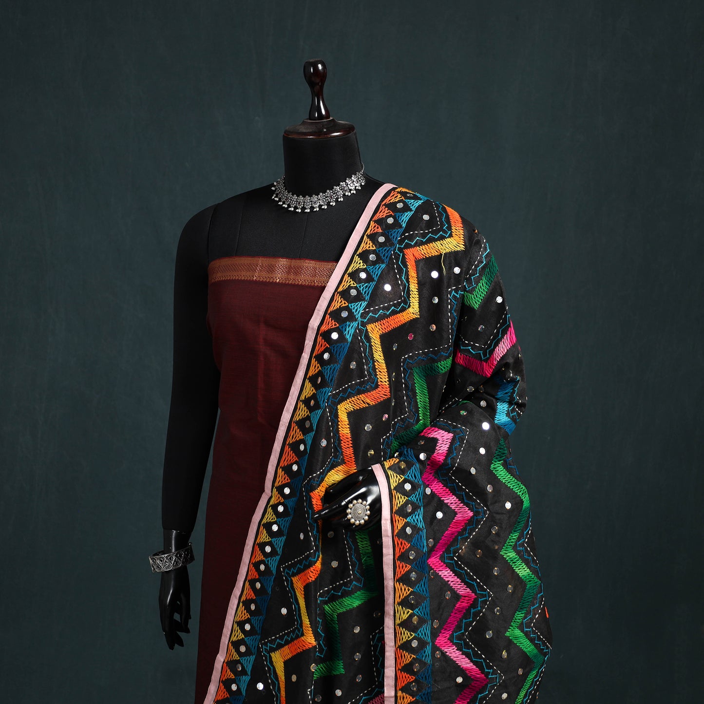 Ranihati Chanderi Silk Zig Zag Hand Embroidery Dupatta 84