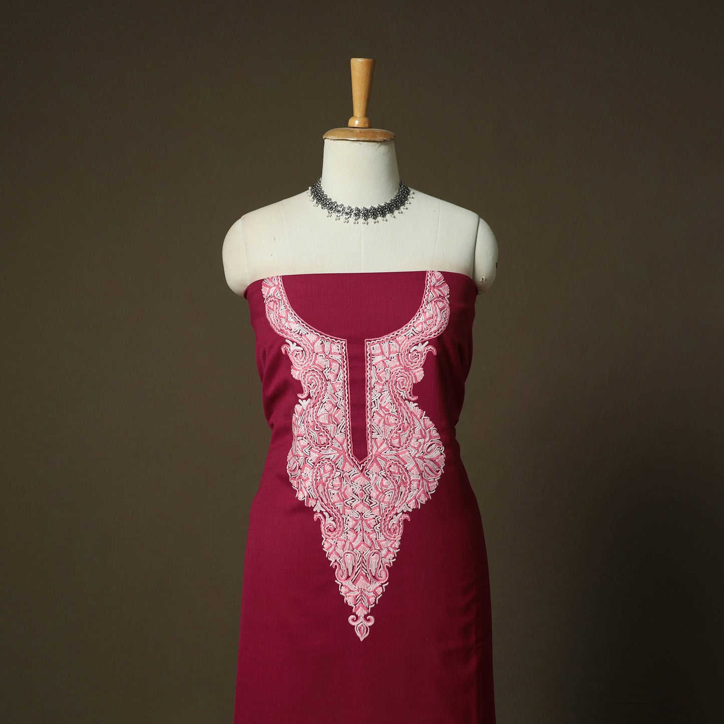 Maroon - Aari Hand Embroidery Cotton 2pc Unstitched Dress Material Kurta Set 02