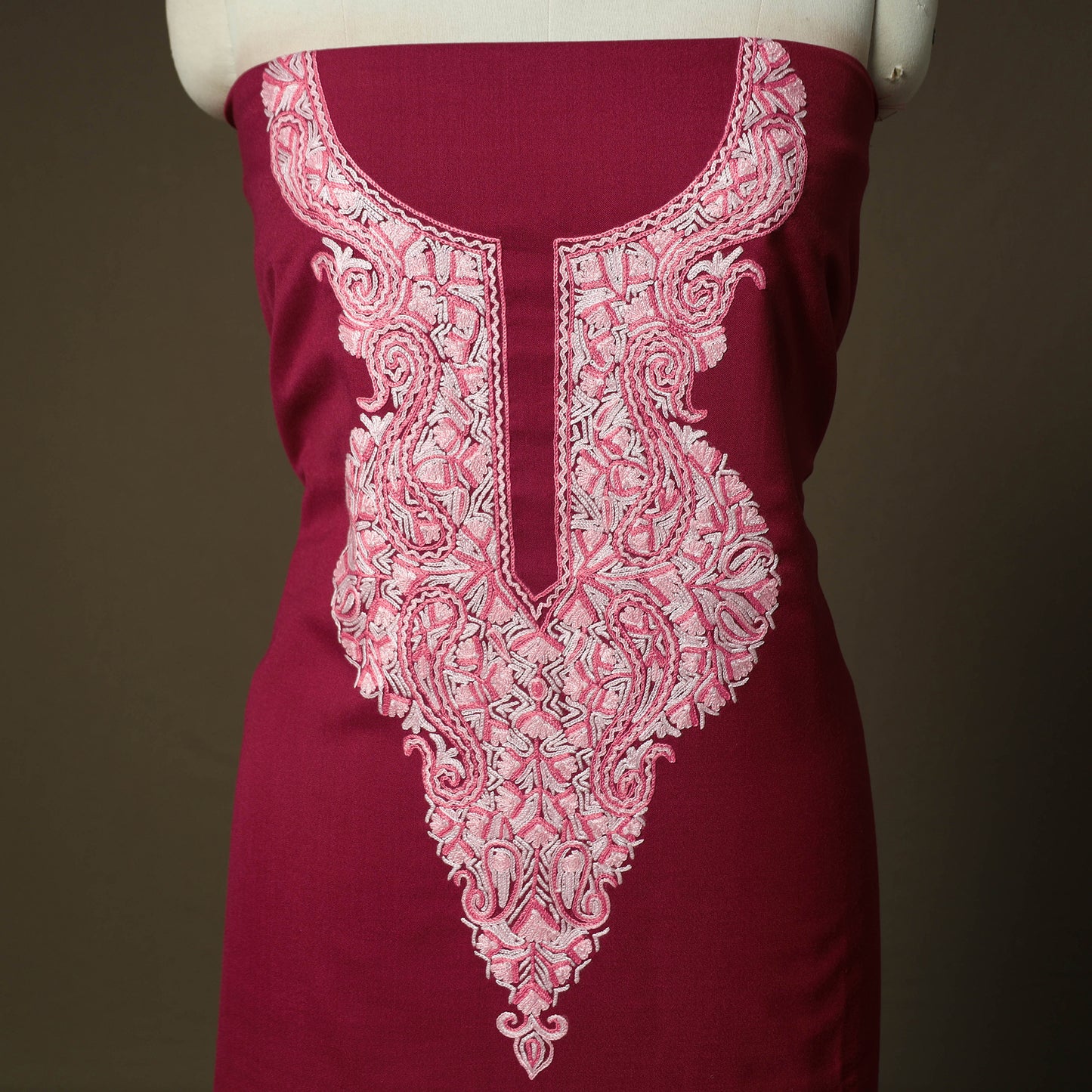 Maroon - Aari Hand Embroidery Cotton 2pc Unstitched Dress Material Kurta Set 02