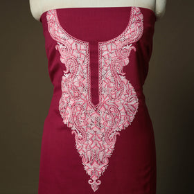 Maroon - Aari Hand Embroidery Cotton 2pc Unstitched Dress Material Kurta Set 02